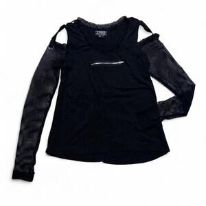 Tripp NYC Black Fishnet Sleeve Zipper Top Blouse Y2K Vintage Goth Grunge Small